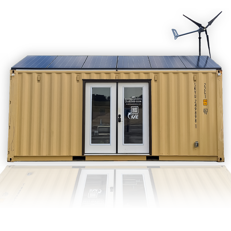 Custom modified shipping containers with doors, windows, and HVAC