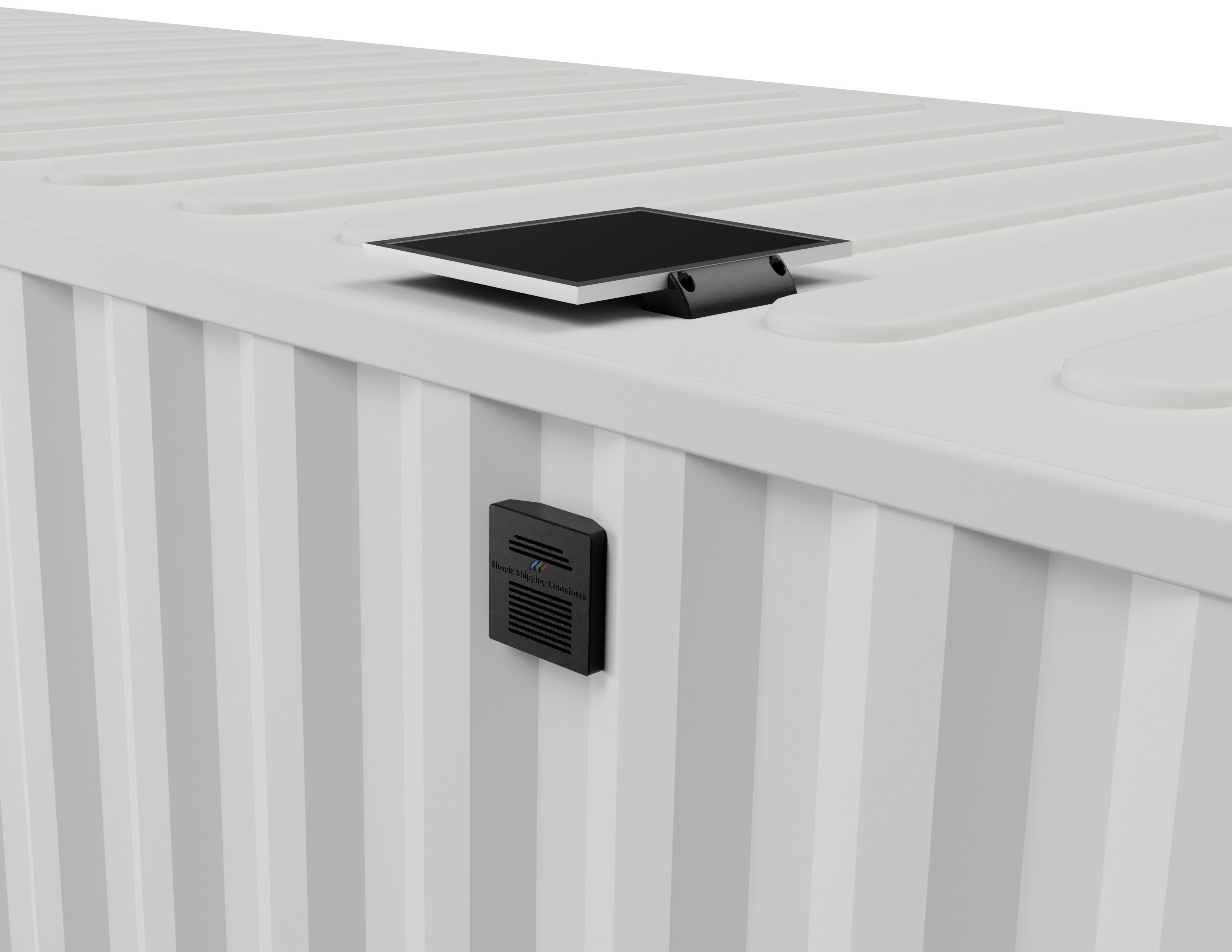 Image of a Solar Powered Exhaust Vent mounted on a shipping container, featuring a solar panel and a vent unit.