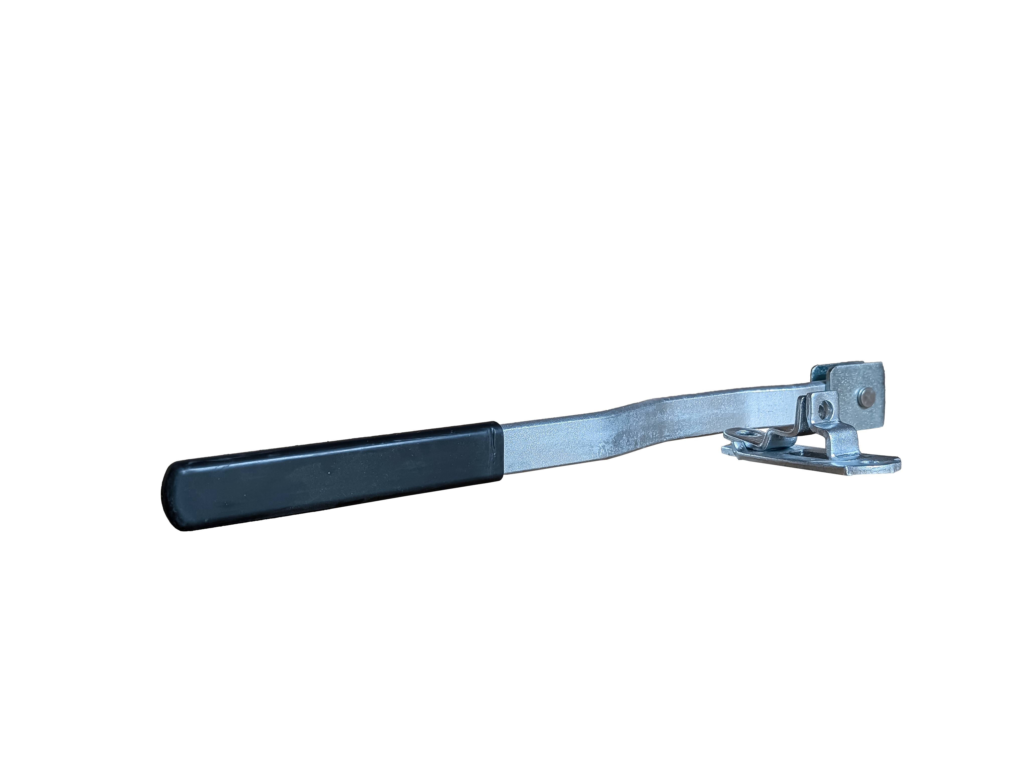 A metal Easy Open Handle with a black grip and mounting bracket, designed for shipping containers.