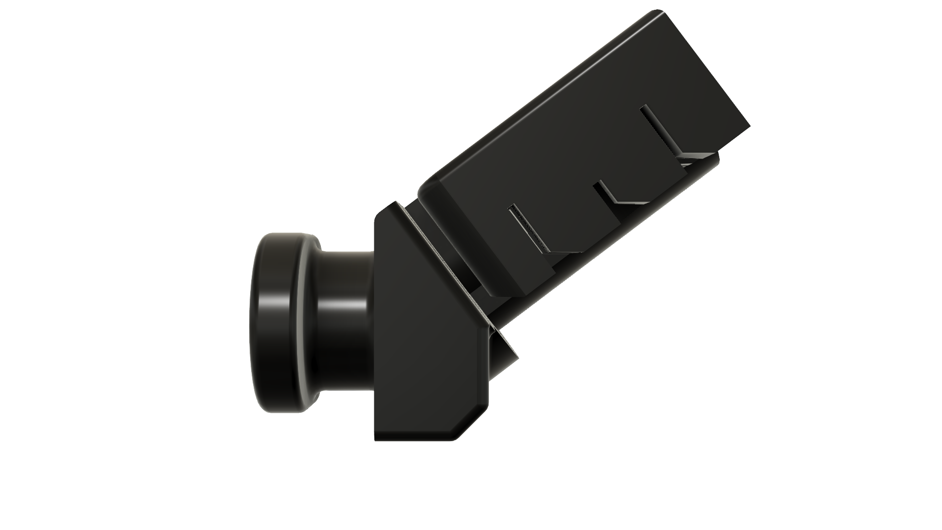 A black, angular solar-powered corner casting light designed for shipping containers, featuring a cylindrical base and a slanted top with grooves.