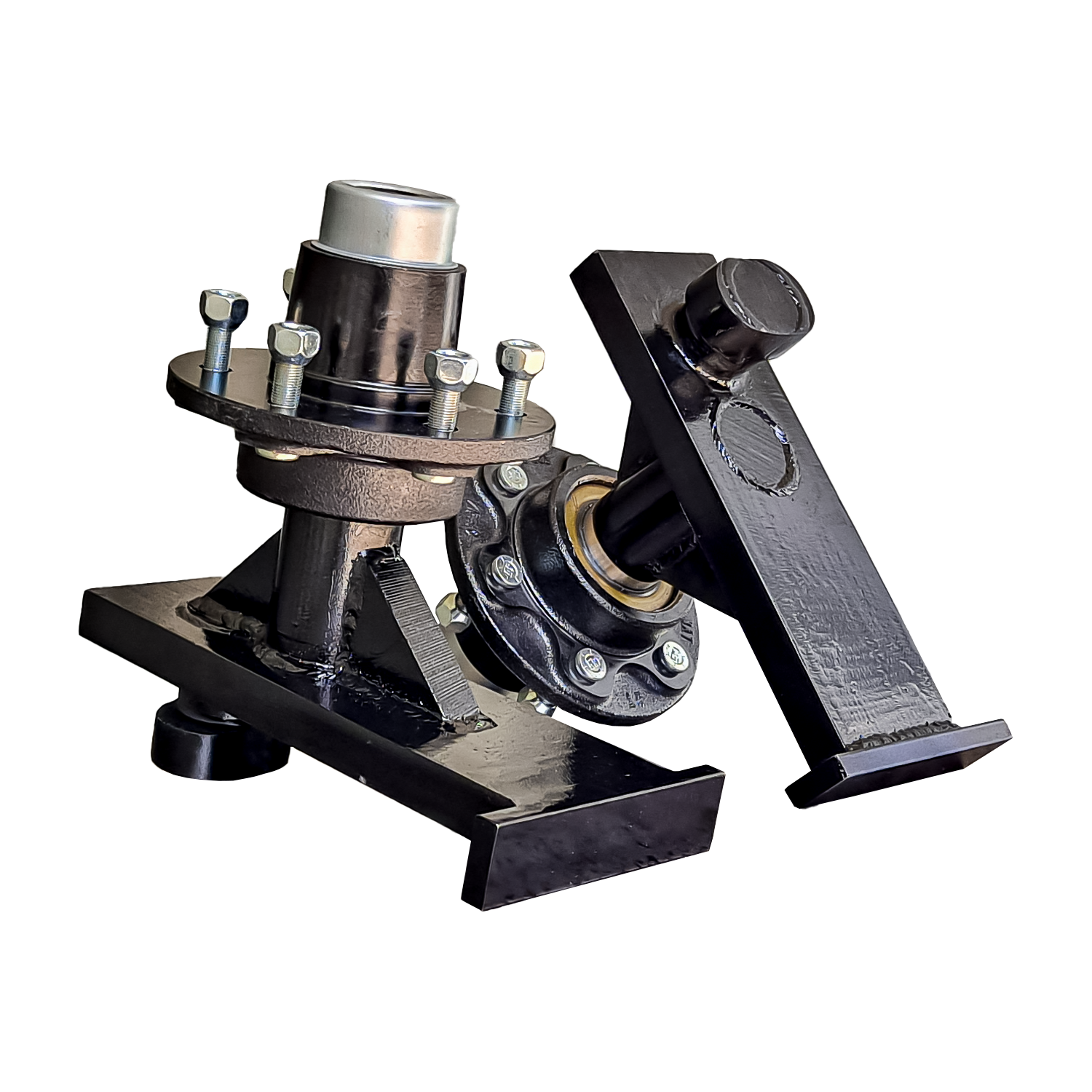 Corner Casting Wheel Kit featuring a robust metal construction with mounting hardware and a hub assembly, designed for shipping container mobility.