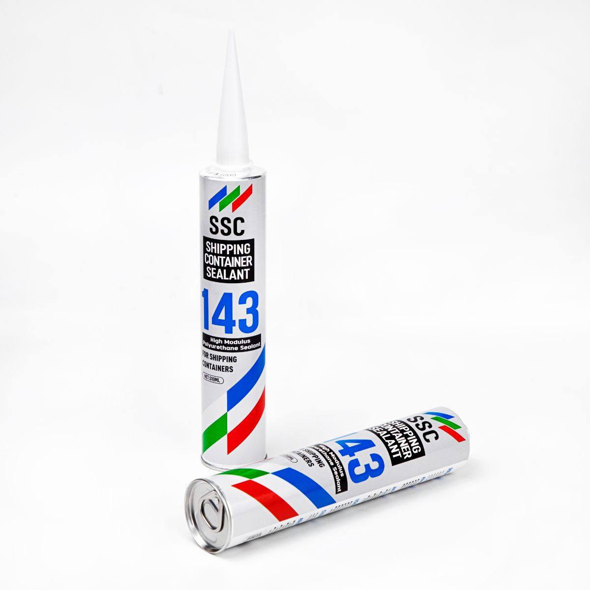 Two tubes of SSC143 High Modulus PU Sealant, one standing upright and the other lying down, with colorful stripes and product labeling visible.