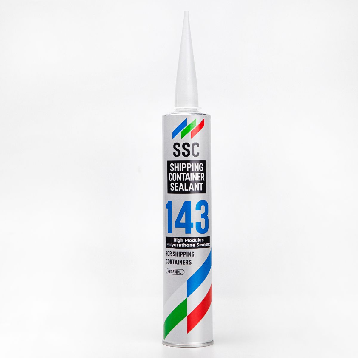 Image of SSC143 High Modulus PU Sealant, a cylindrical container with a pointed nozzle, labeled for shipping container use.