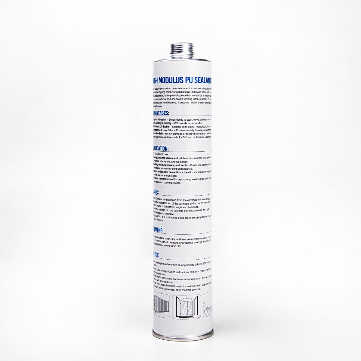 A cylindrical container of SSC143 High Modulus PU Sealant with detailed product information printed on the label.