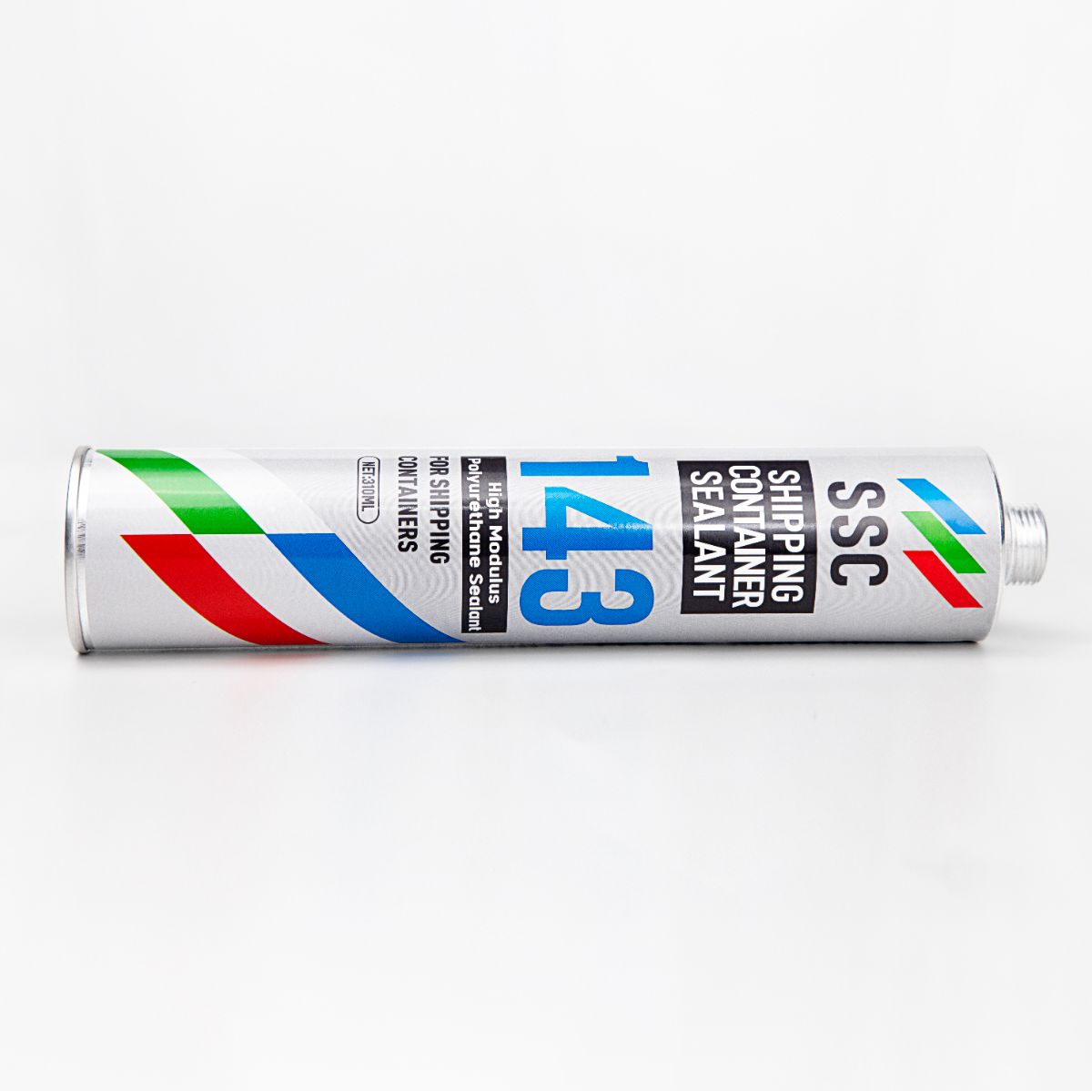 Image of SSC143 High Modulus PU Sealant tube with colored stripes and product details on the label.