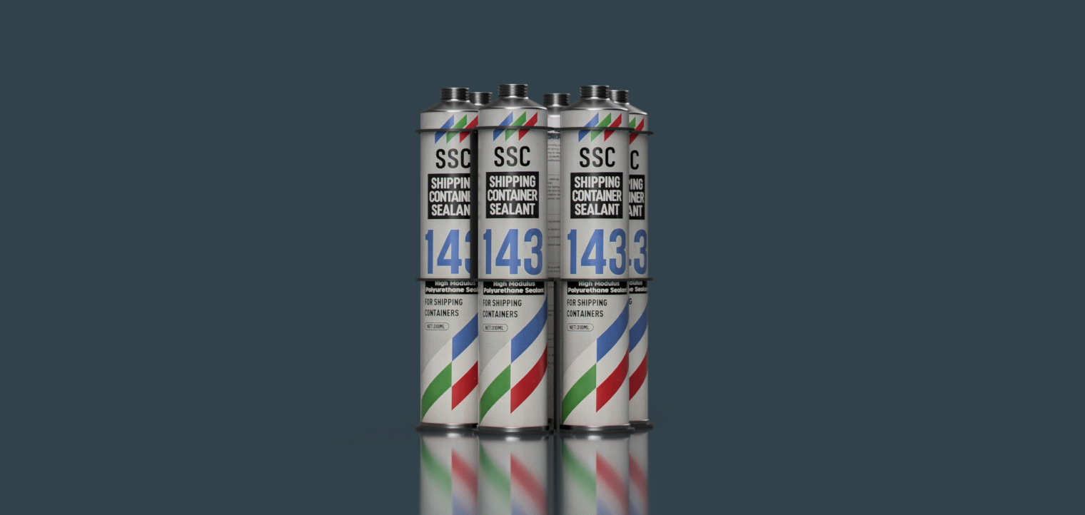 Image of SSC143 High Modulus PU Sealant tubes, labeled for shipping container use, with a blue, red, and green stripe design.