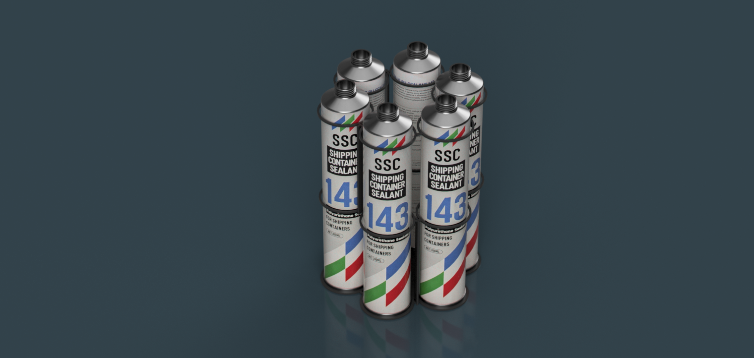 Image of multiple tubes of SSC143 High Modulus PU Sealant arranged in a circular formation, with labels indicating use for shipping containers.